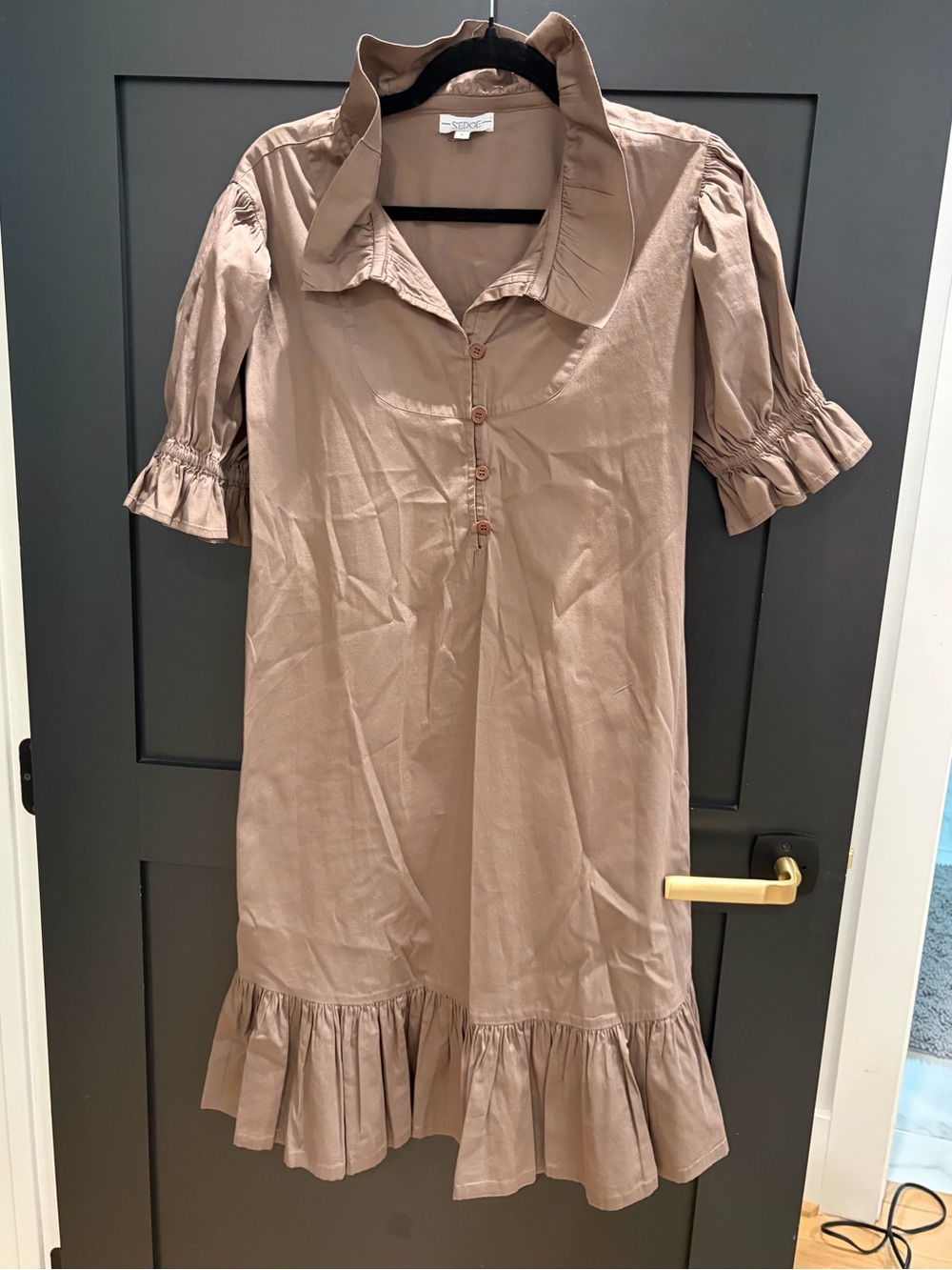 Relaxed Ruffle-Hem Mini Dress in Taupe